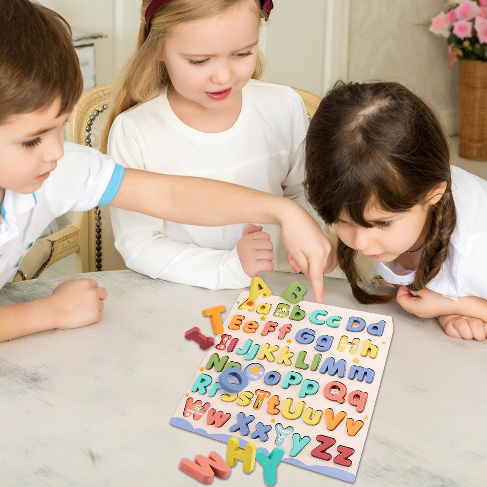 Puzzle Alphabet en Bois Montessori Jouet Éducatif Préscolaire Tableau Lettres Majuscules et Minuscules
