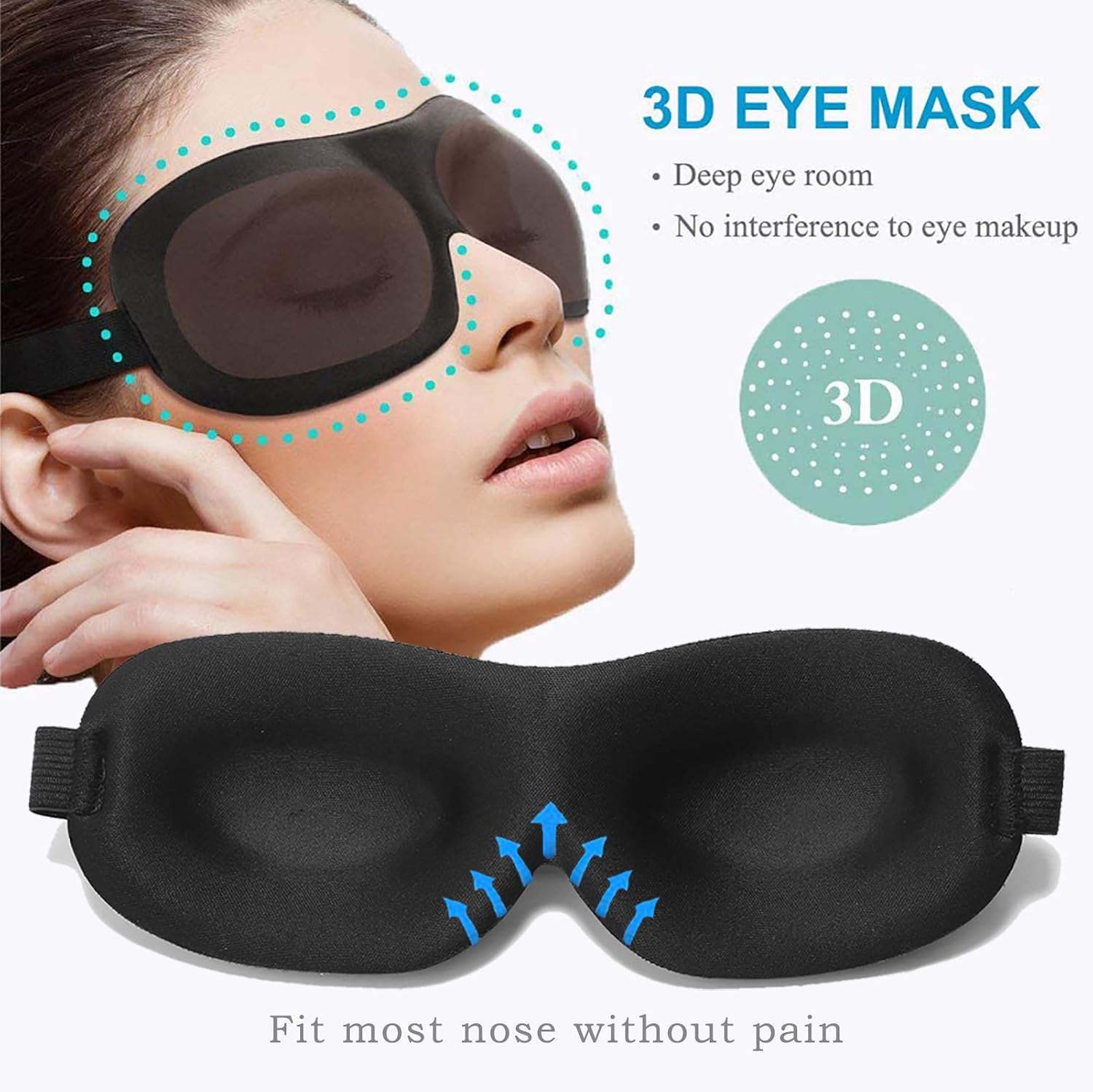 Sleep Mask 3 Pack, 100% Blackout Eye Mask for Sleeping, 3D Contoured Night Blindfold for Women Men, Lightweight & Comfortable with Extensions Strap, Eye Shades for Travel/Naps (Blue & Black & Purple)