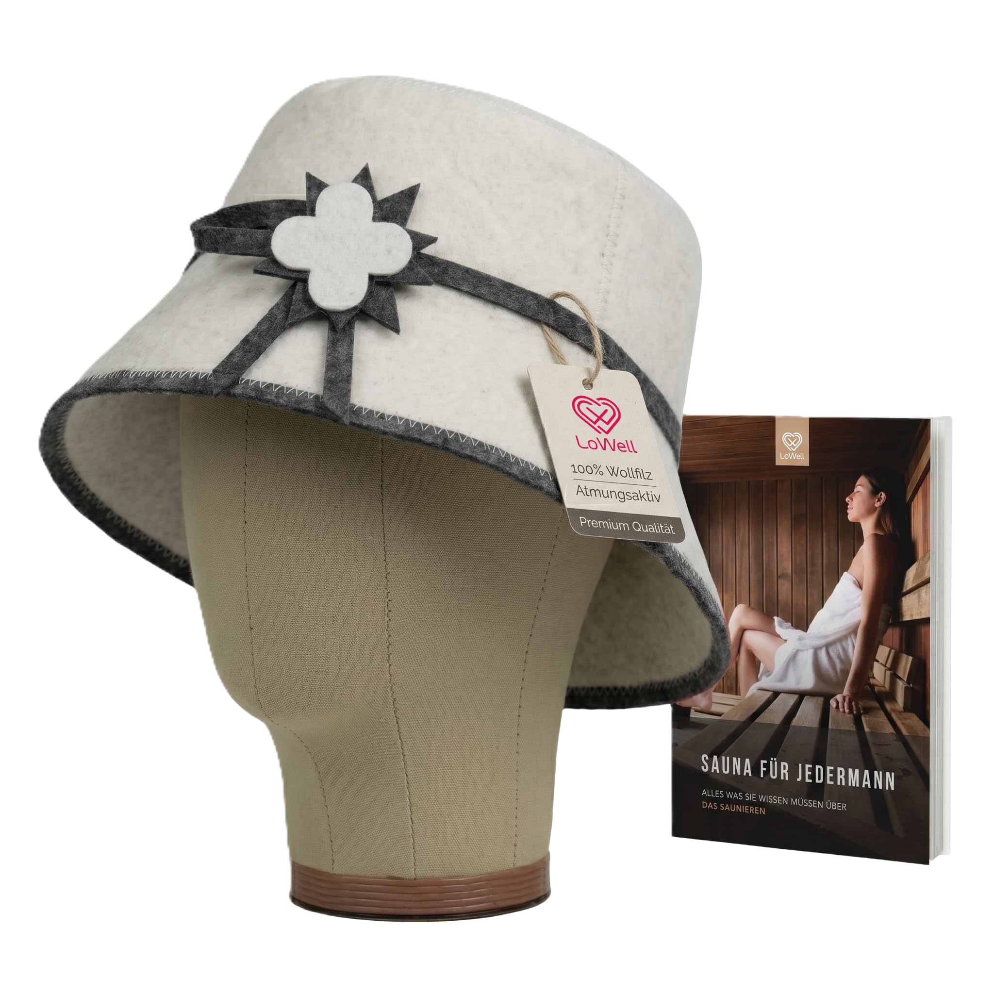 LoWell® czapka do sauny – filcowa czapka dla kobiet i mężczyzn, w zestawie poradnik użytkownika sauny – idealny dodatek do sauny dla wyjątkowego doświadczenia spa – czapka do sauny (kwiat)