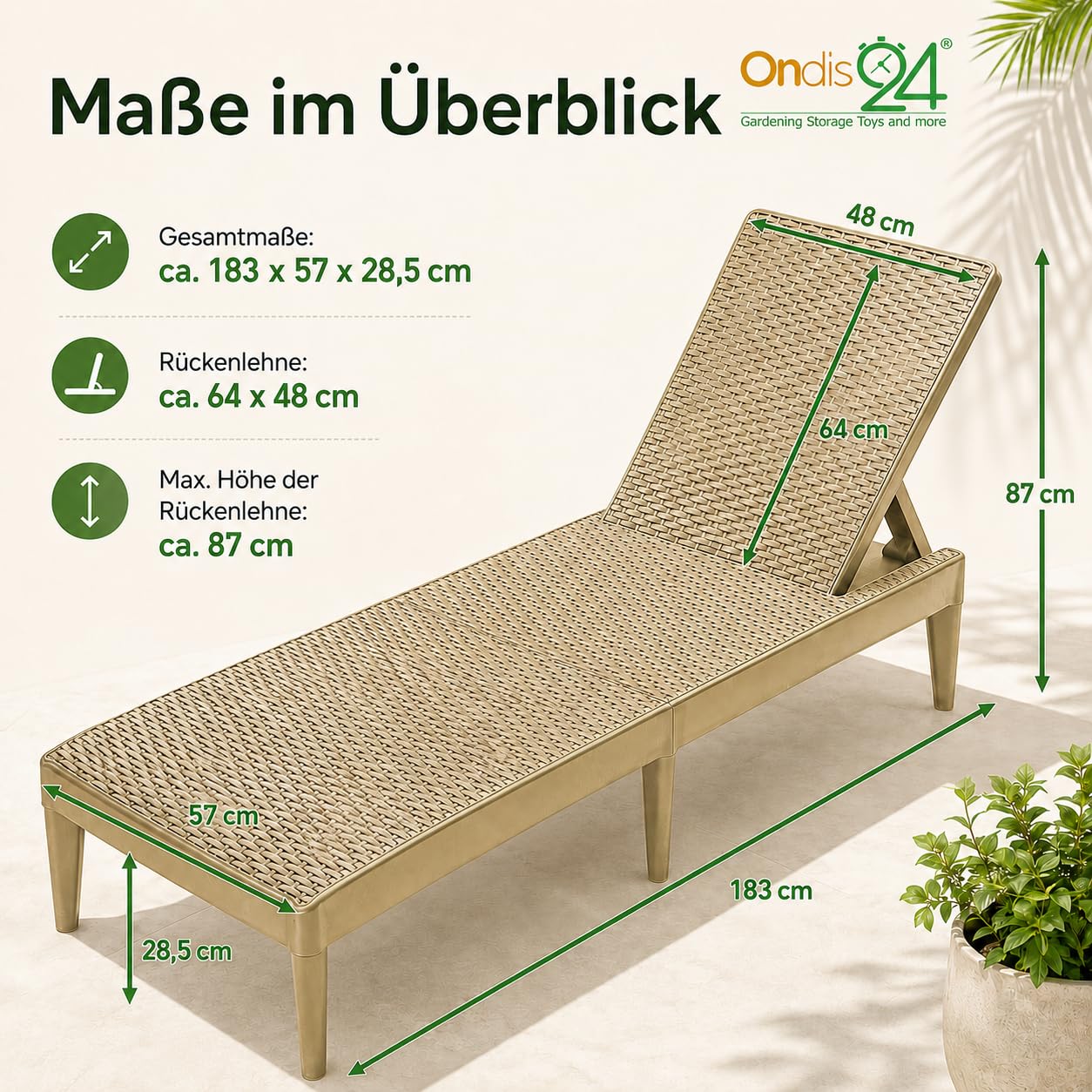 Ondis24 Gartenliege Milan Sonnenliege verstellbares Kopfteil, Relaxliege aus Kunststoff, Flache Rattan-Optik (ohne Kissen, Cappuccino)