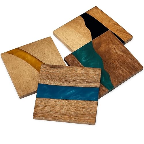 Wood Coaster 4-Pack Set for Drinks | Handmade Oak Wood Coasters with 4-Color Epoxy Resin River | Rustic & Water-Resistant, Premium Gift Set Easy Cleaning