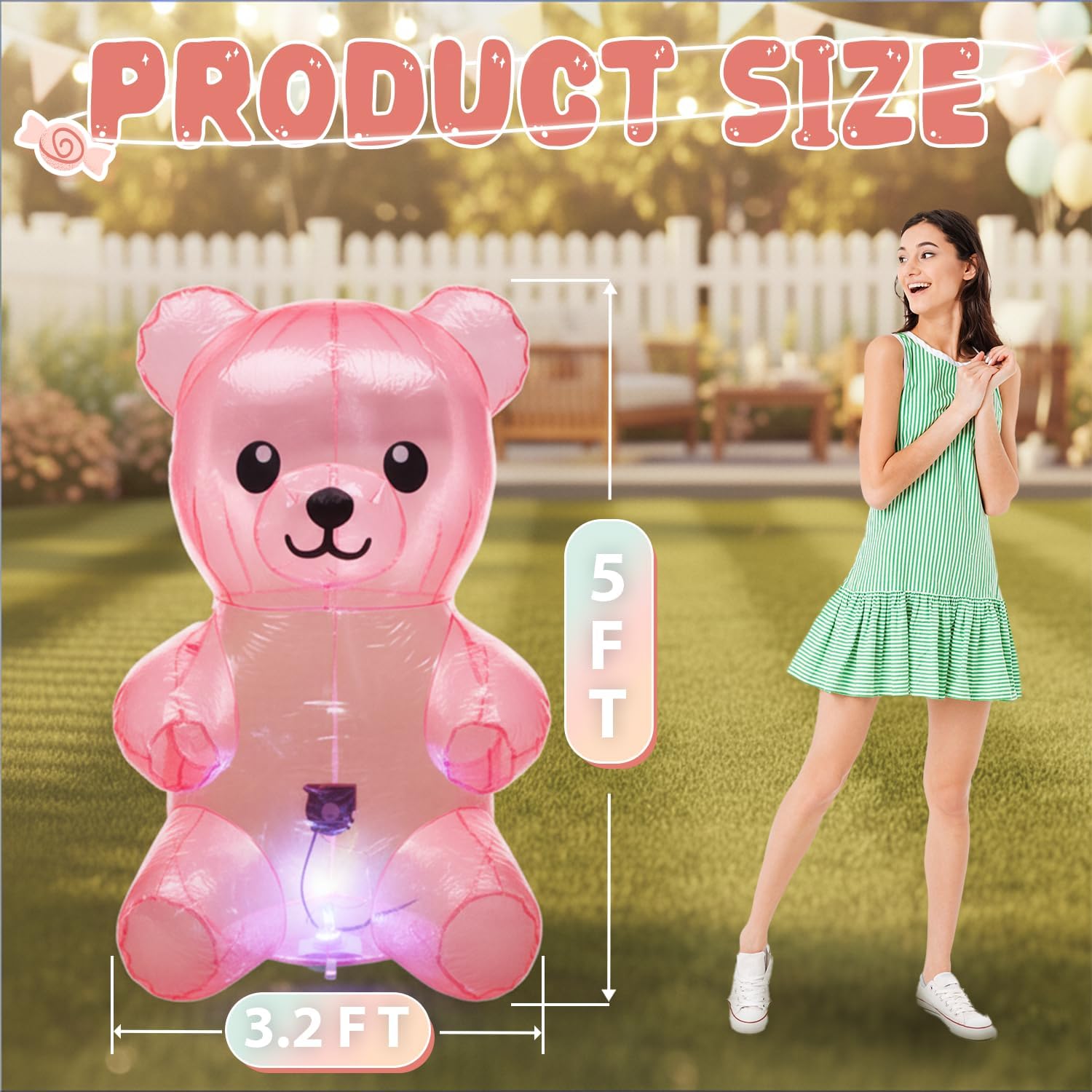 5FT Giant Inflatable Gummy Bear Decoration Pink Candy Theme Blow Up Yard Decor for Birthday Parties Candyland Party & Event Lawn Decoration - Image 2