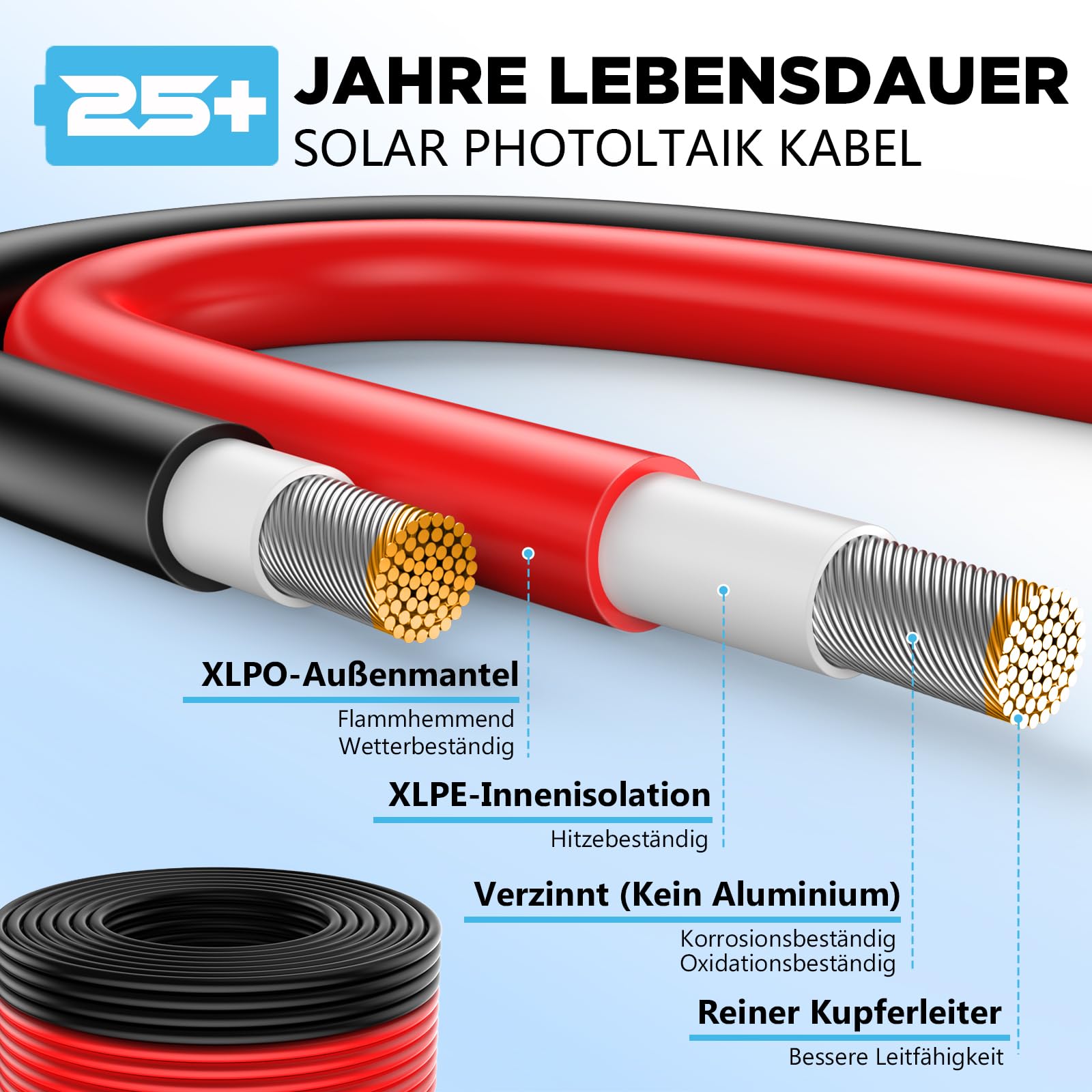 Oududianzi Solarkabel 6mm2 10m, Solarkabel Verlängerung 10/15/20/30/50m, Photovoltaik Kabel, PV Kabel 6mm2, PV Verlängerungskabel für Solarpanel, Wechselrichter und Laderegler (6mm2 2x10m)