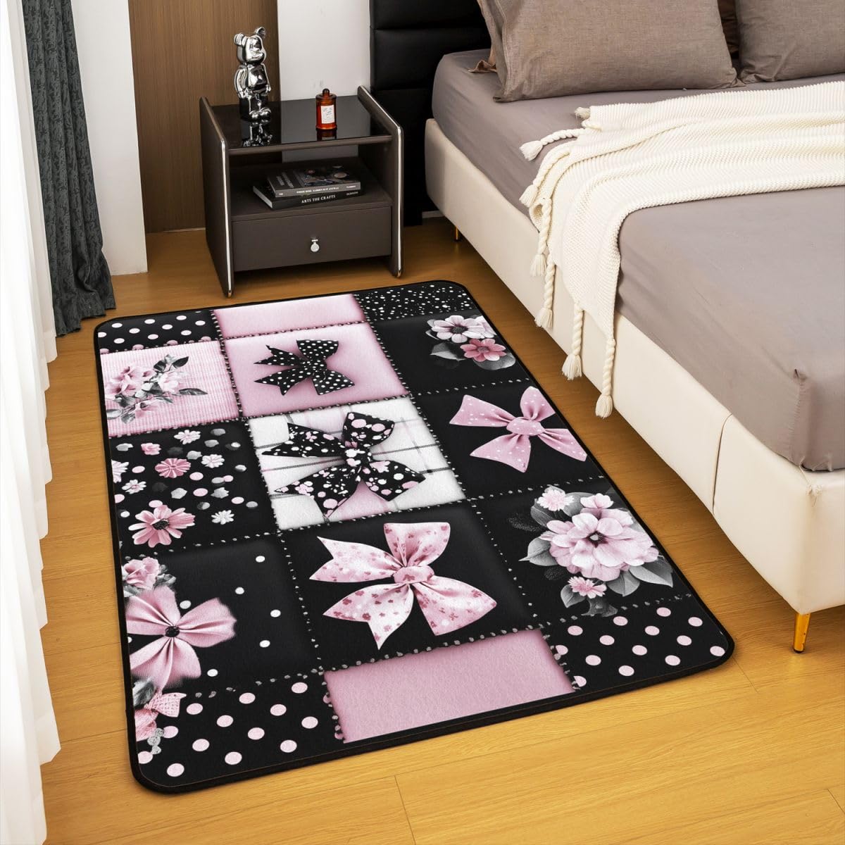 Tappeto a pois per soggiorno, 100 x 150 cm, grazioso motivo a margherite, per camera da letto, per bambini e ragazzi, rosa e nero, motivo patchwork, decorazione per la casa
