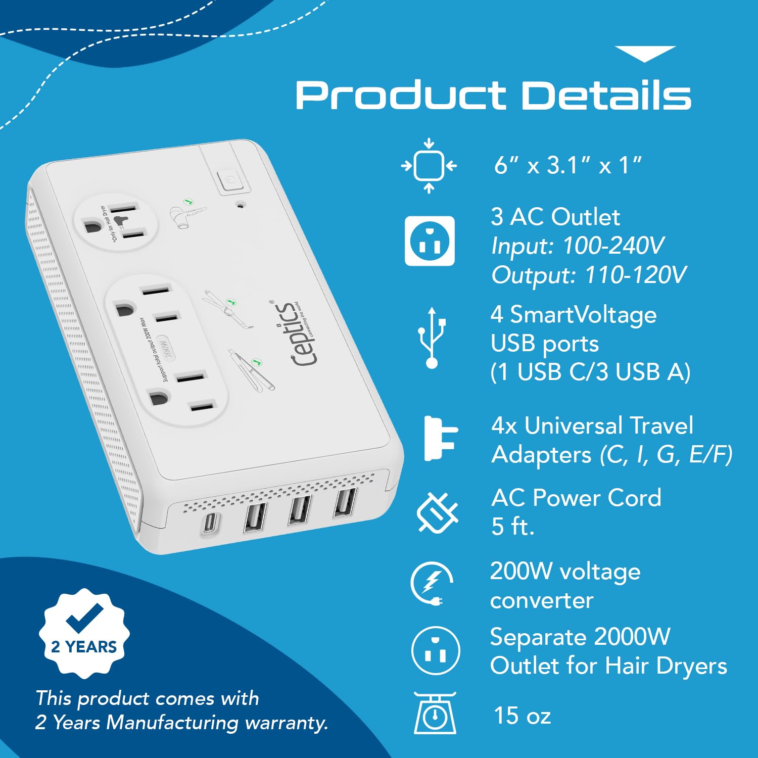 Ceptics - Convertitore di tensione da viaggio, convertitore da 220 V a 110 V con tipo C, E/F, G, prese I, uscita da 2000 W per asciugacapelli, 4 USB con 1 USB-C PD da 18 W a ricarica rapida, per