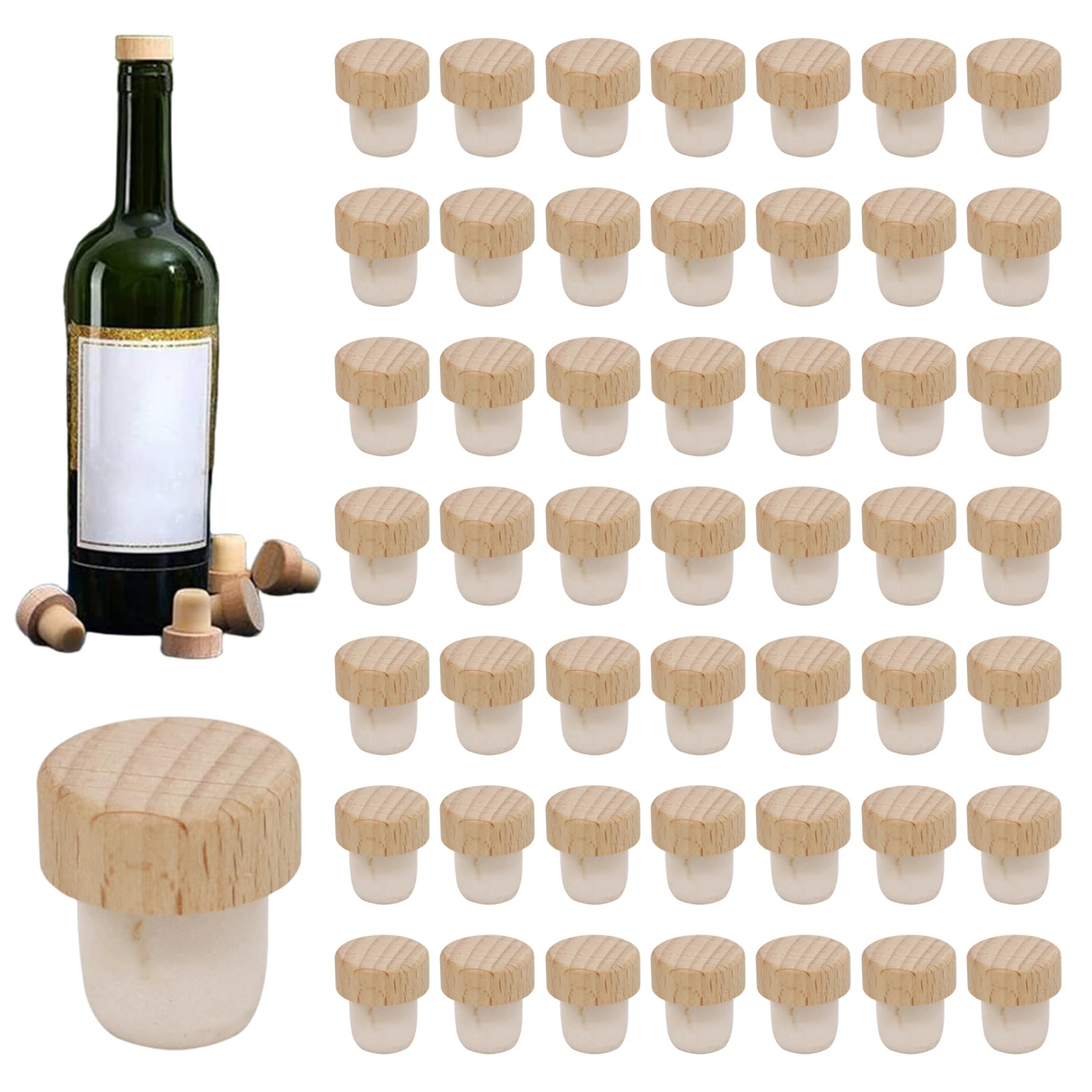 Tapones de corcho en forma de T de madera reutilizables para botellas de vino y cerveza, 50 uds