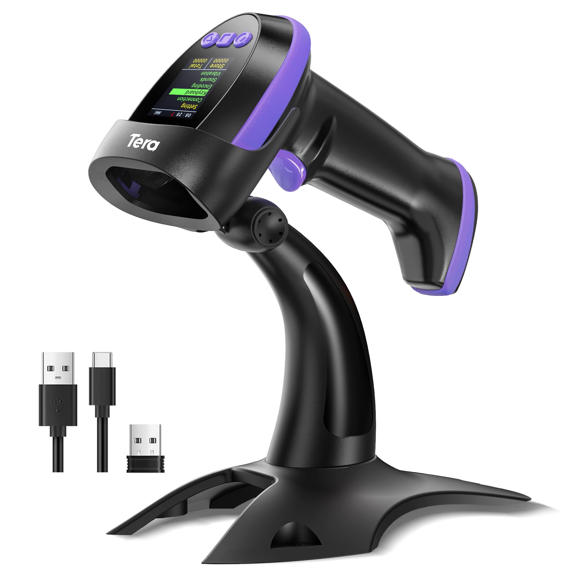 Tera Barcode Scanner Wireless 2D with Stand: Pro Version Digital Setting Screen Keypad Works with Bluetooth 2.4G Wireless USB Wired Extra Fast Scanning Speed Handheld Bar Code Reader HW0009-Z Purple