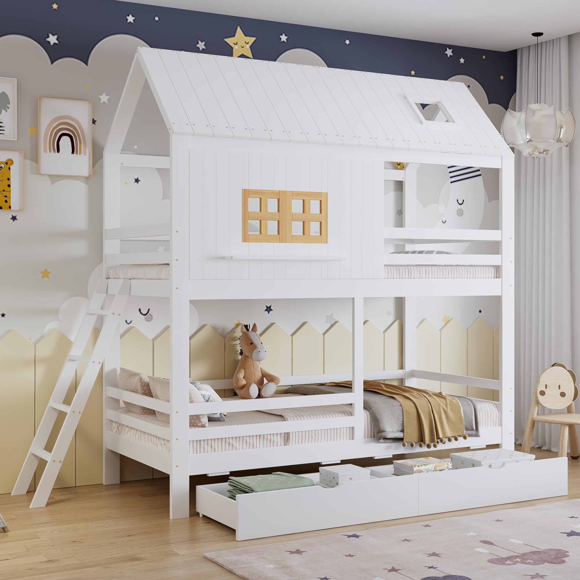 Kinderbett 90x200 cm mit Schubladen und Offene Regale, Etagenbett mit Hausformen und Fenster, Stauraumbett mit Leiter, Holzbett für Kinder und Jugendliche, Weiß+Natur-B(Ohne Matratze)
