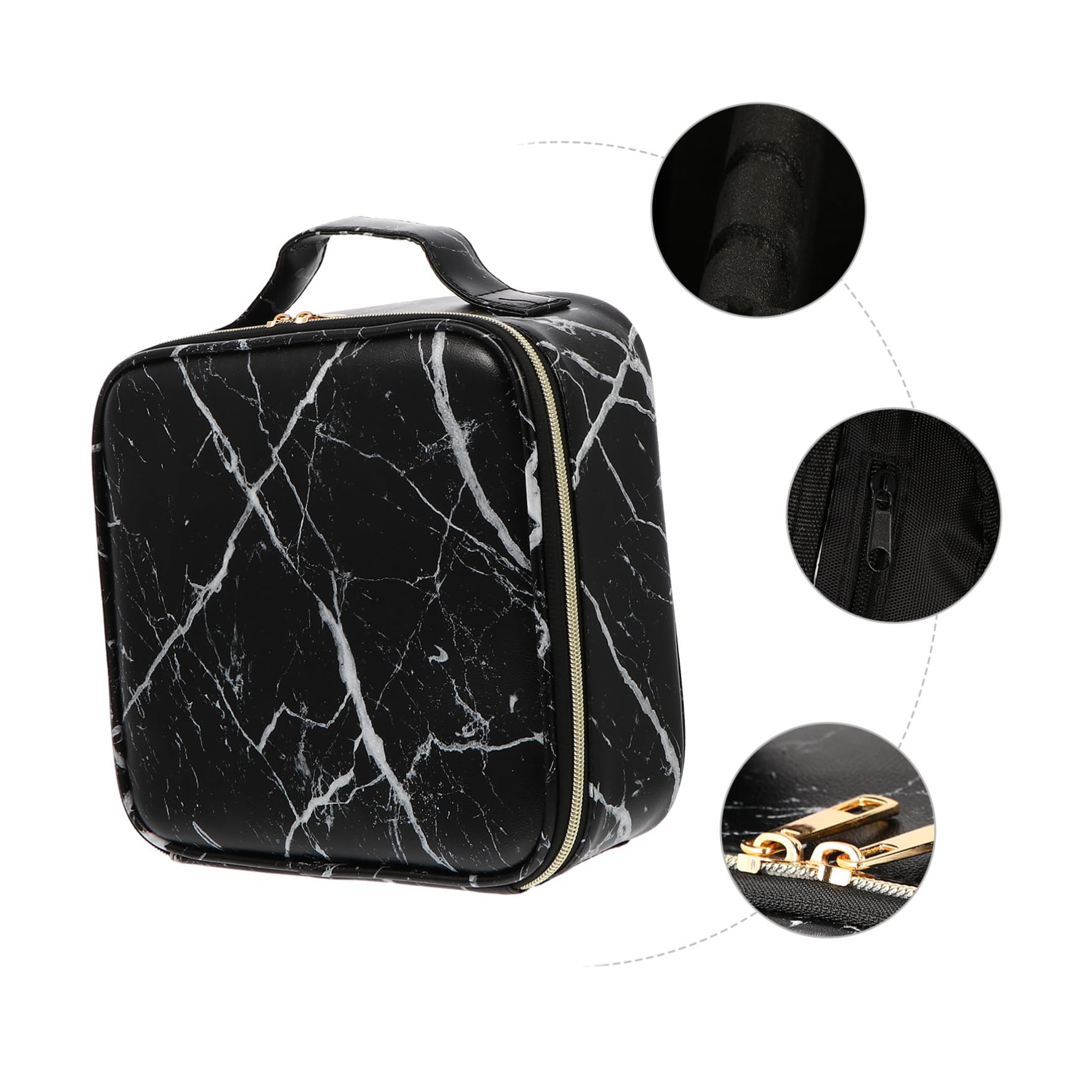 Organizer Trucchi da Viaggio a Scomparti, Nero, Manico | Motivo Marmorizzato Raffinato, Pu, Nylon e Metallo, per Palette e Prodotti Cura, Ordine Facile