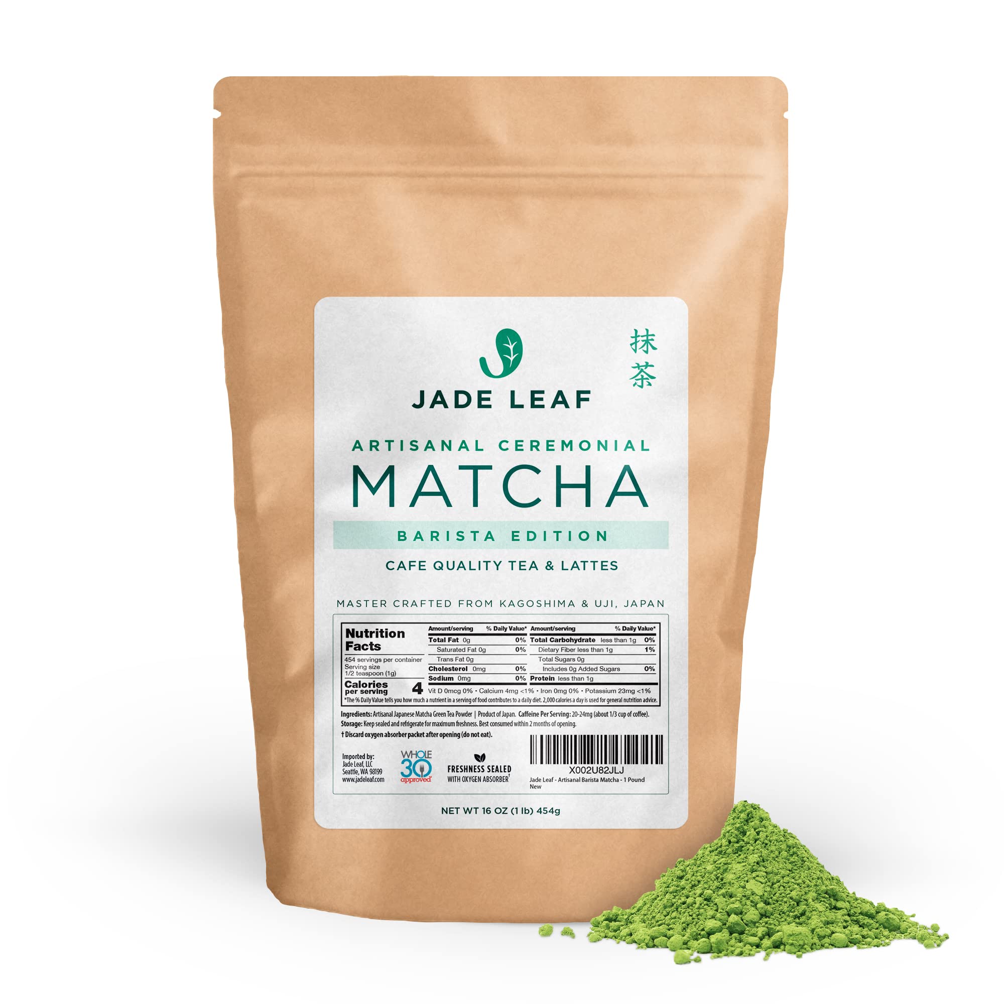 Jade Leaf Matcha Ceremonial Grade Matcha Green Tea Powder - Authentic Japanese Origin - Artisanal Barista Edition For Cafe Quality Tea & Lattes (1 Pound Bulk Matcha)