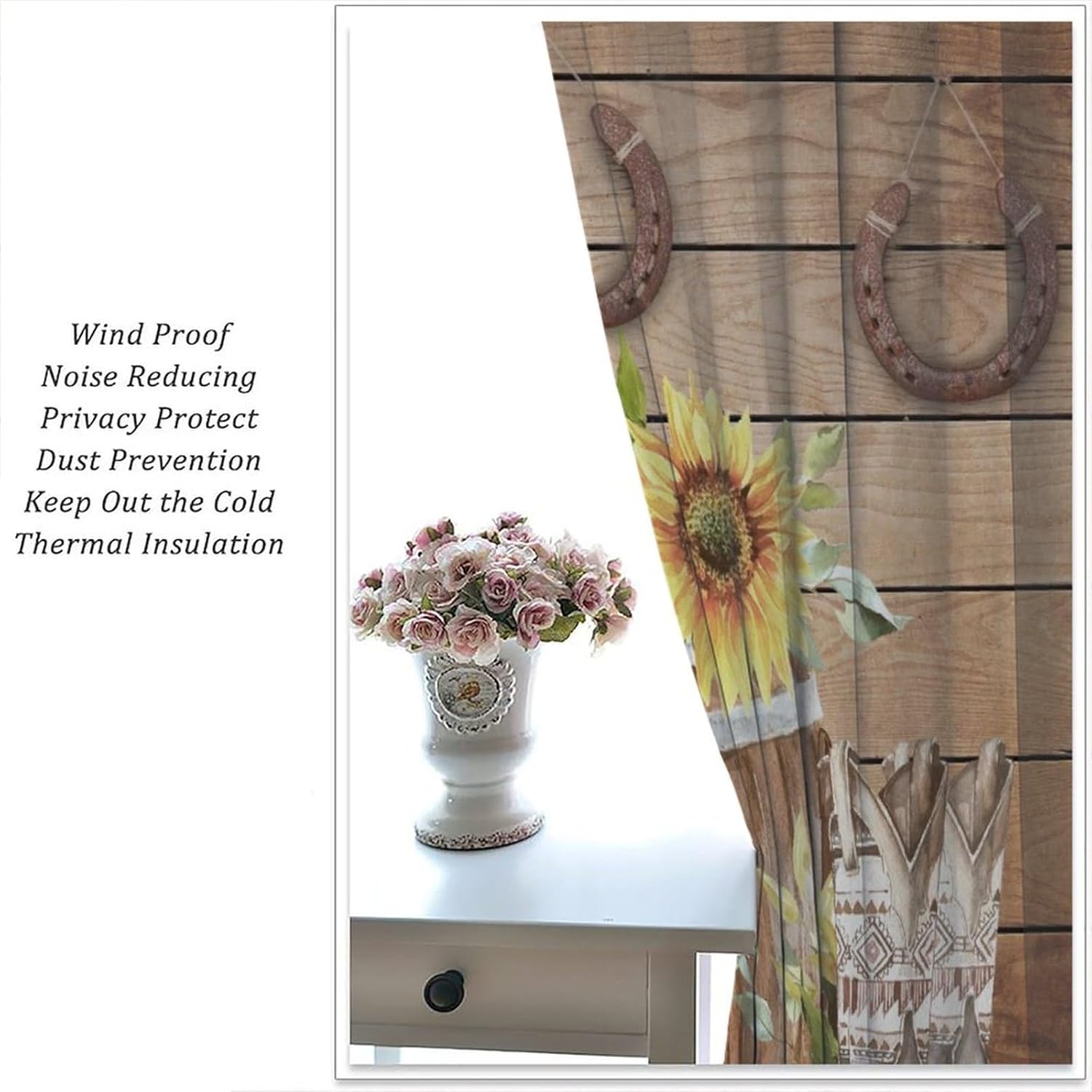 Brebasf Rustic Animal Horseshoe Curtains for Living Room Retro Western Wooden Cowboy Boots Wheel Sunflowers Thermal Insulated Rod Pocket Blackout Curtains/Drapes 2 Panels 84" L x 42" W
