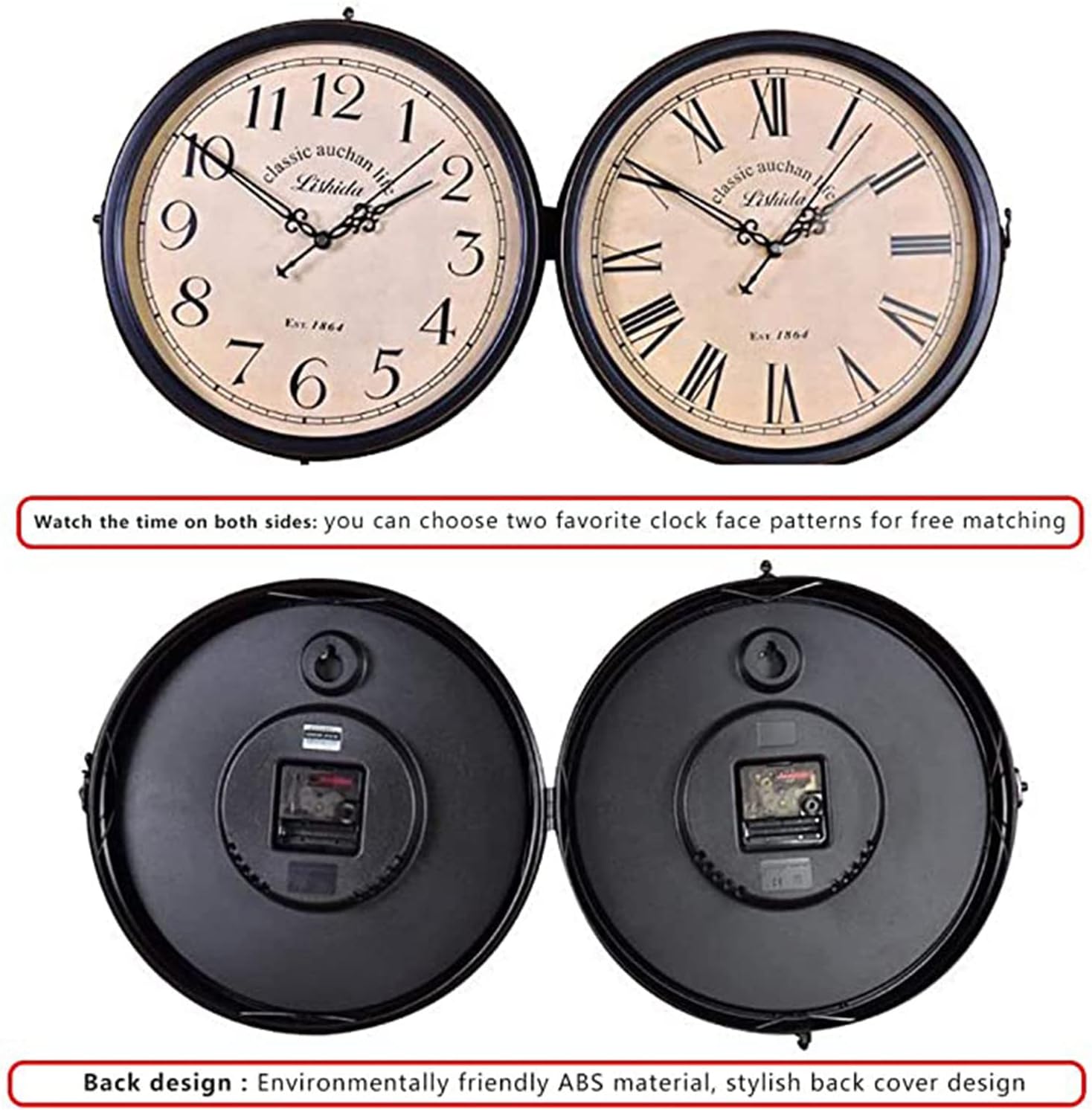 Vintage Outdoor Double Sided Wall Clock Classic Paddington Station Clock Weatherproof Casing Metal Bracket for Outdoor Garden Home (A)