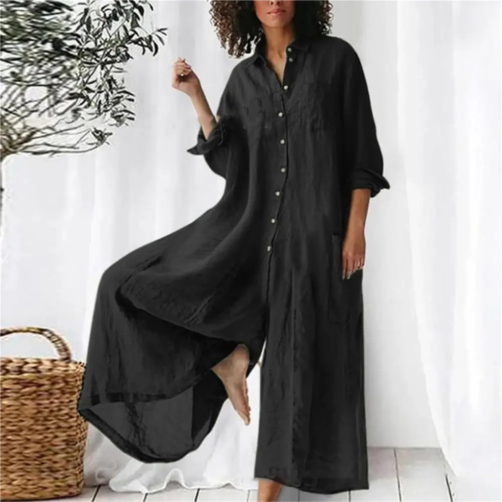 Tuta Intera in Lino da Donna Tuta da donna in lino di cotone oversize con bottoni vintage tuta spiaggia casual estiva pantaloni larghi pagliaccetto ampio