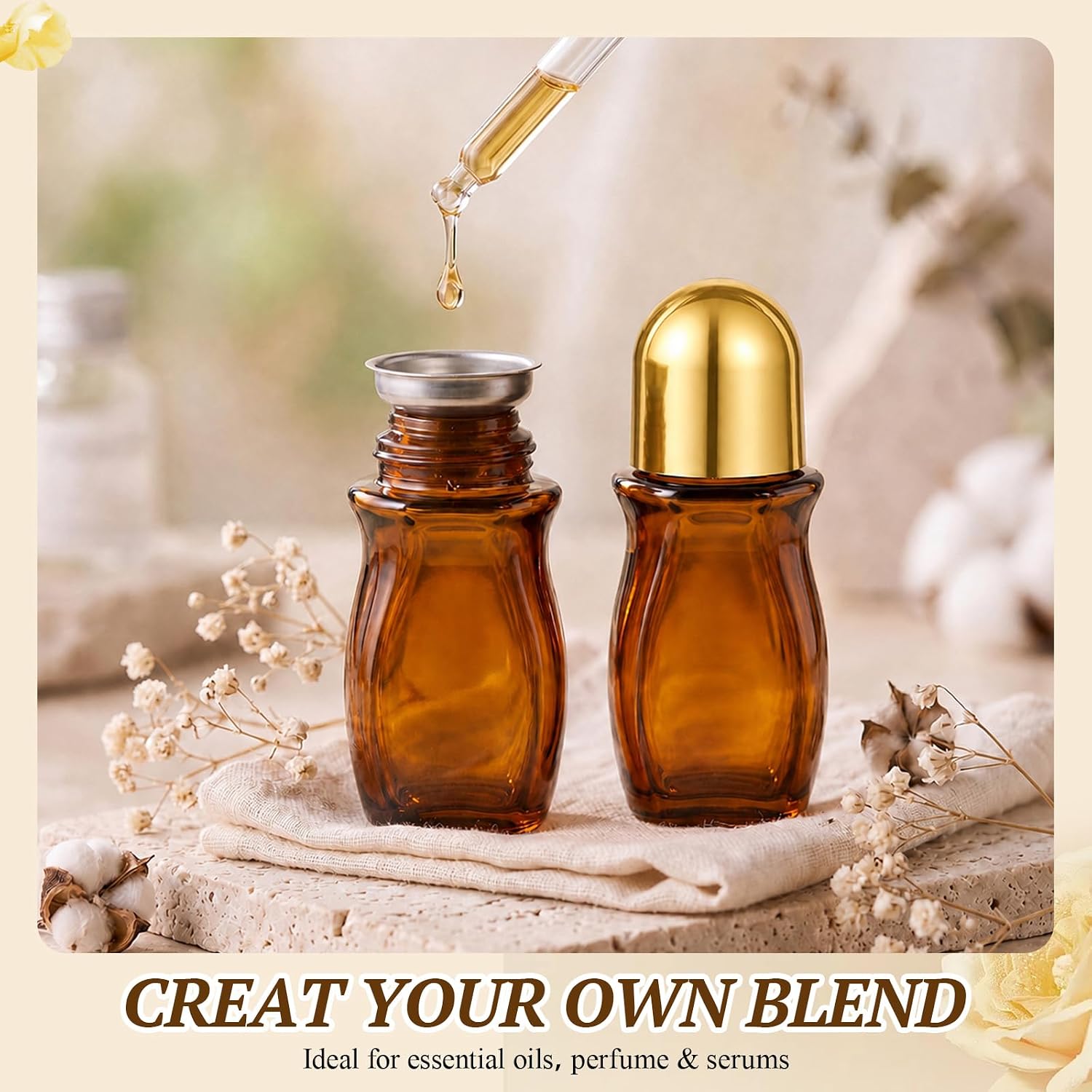 6 Pack 50ml Crystal Roller Bottles, Roller Ball Applicator, Amber Glass