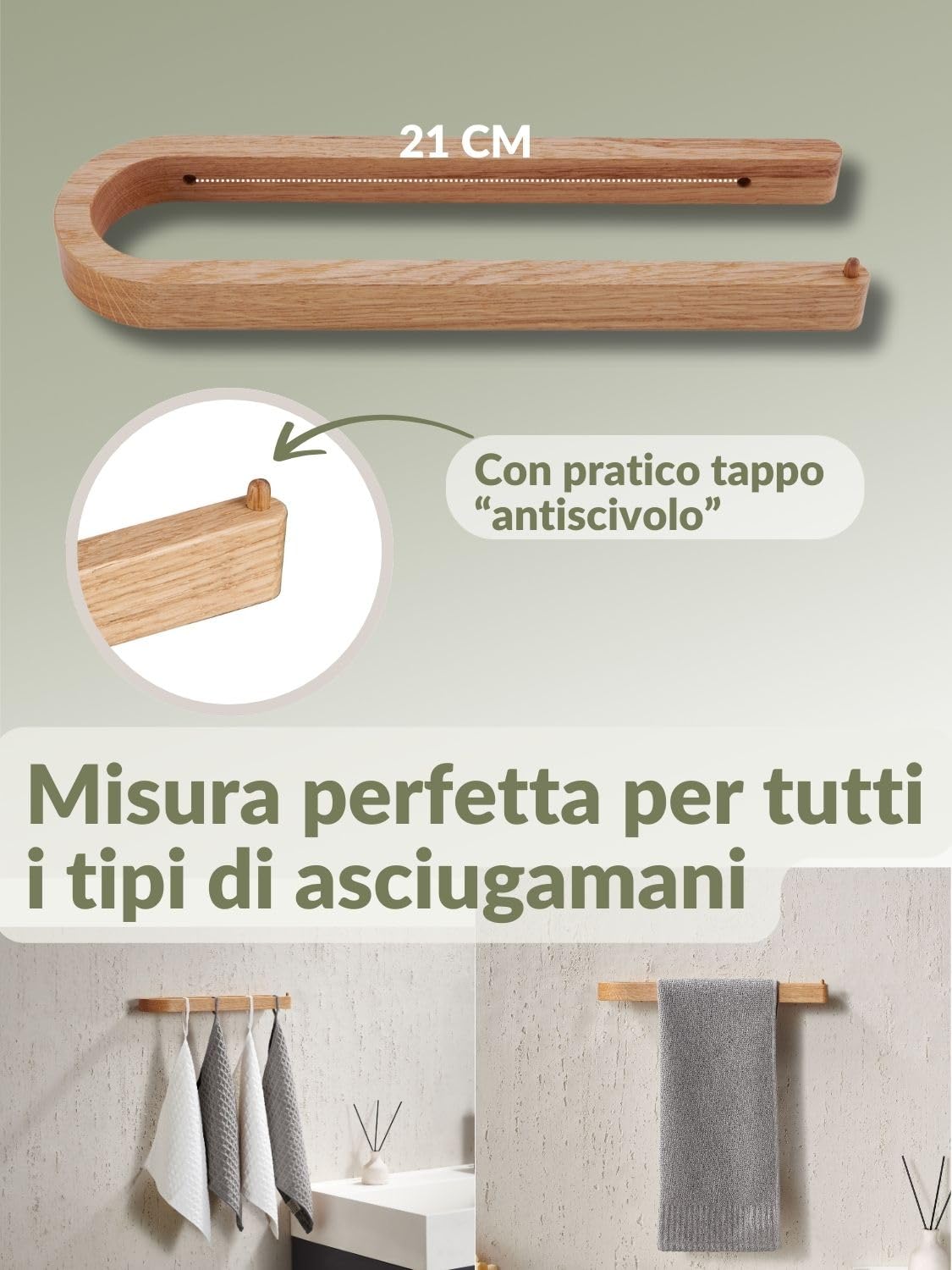 DEKAZIA® Portasciugamani Legno da Parete | Senza Forare | Porta Asciugamani in Quercia Sostenibile | Barra da Forare o Incollare | Portasciugamani Quercia | Portarotolo Cucina
