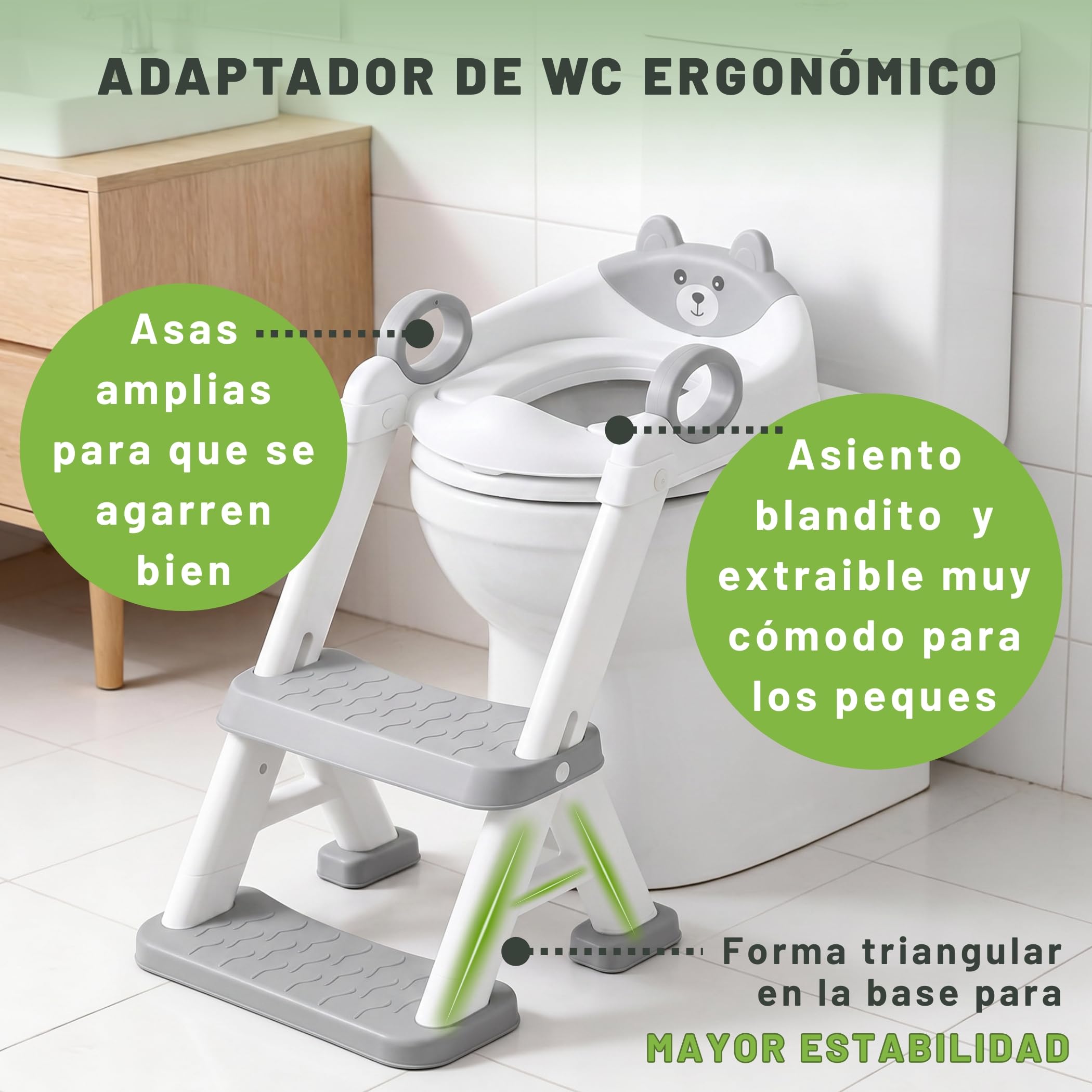 Adaptador WC Niños con Escalera Antideslizante, Asiento Adaptador para Inodoro Infantil con Escaleras Reforzadas y Cojín Desmontable, Plegable, Seguro y Estable, Entrenamiento para Dejar el Pañal