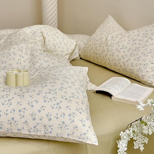 Miniatura 188 de 3 piezas de juego de funda de edredón tamaño individual XL, funda de edredón blanca con estampado floral azul, ropa de cama coquette de algodón