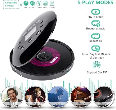 CD Player Portable, MONODEAL Portable CD Player with FM Transmitter | Rechargeable Player for Car for Home Travel with Anti-Skip Protection Compact Player with Headphones