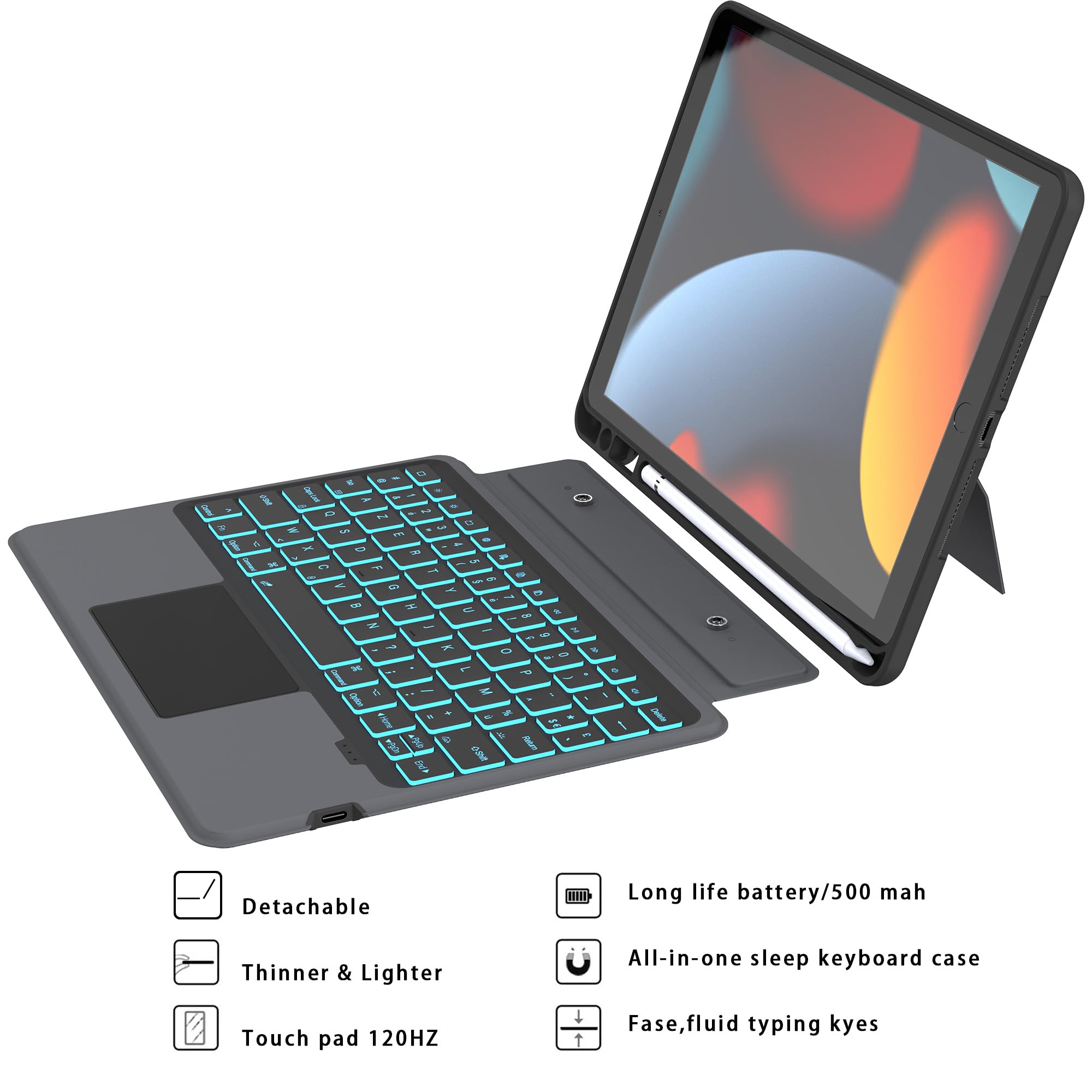 VANKEYPAD Coque clavier pour iPad 9e 2021/8e 2020/7ème 2019 Génération 10.2"/Air 3/iPad Pro 10.5 : Boîtier de clavier amovible rétroéclairé 7 couleurs - AZERTY Clavier à pavé tactile avec Pot à stylos