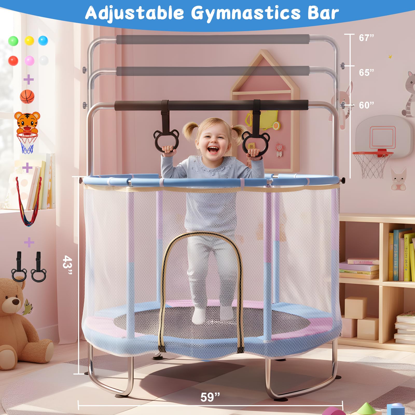 HLC Trampolin für Kinder, 150 kg Tragfähigkeit mit Turnstange, Schaukel, für Innen und Außenbereich.