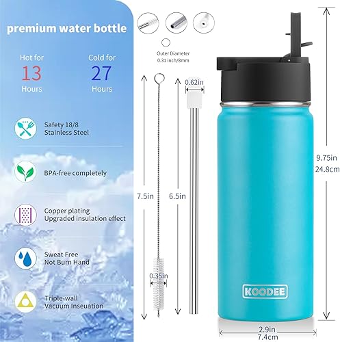 Miniatura 2 de Koodee - Botella de agua de acero inoxidable con tapa para popote, termo de boca ancha de 32 oz con doble pared, aislada al vacío, para deportes,