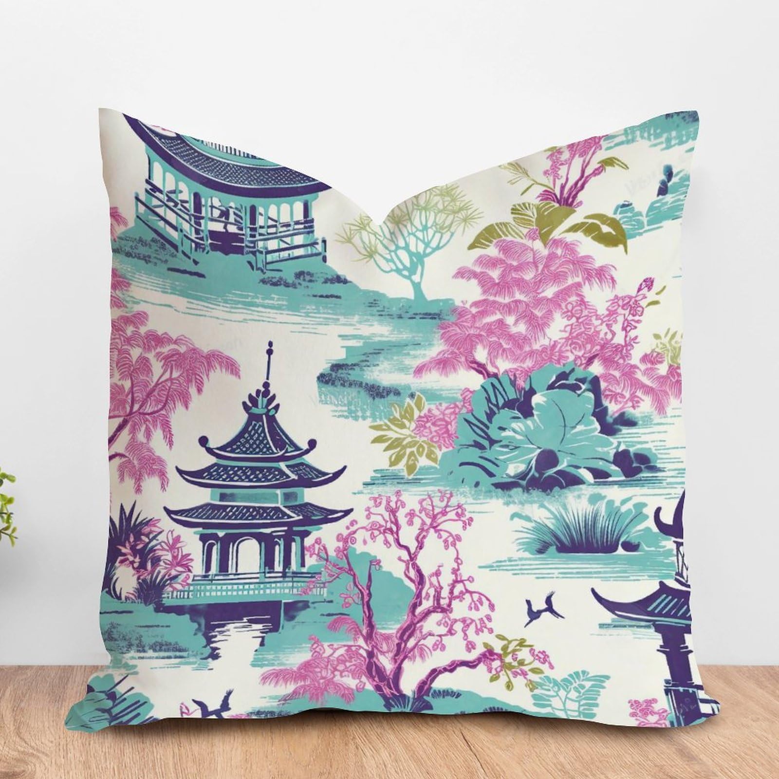 PODbyyou Japanese Asian Style Cushion Cover Aque Blue Pagoda Coral Pink Flower Sofa Pillow Cover Asian Teal Turquoise Pagoda Cushion Case Farmhouse Decor 16x16in White Flax