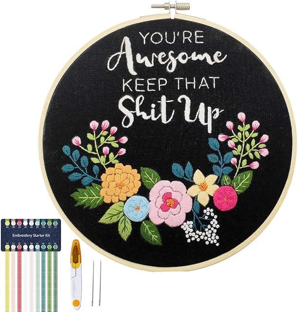 Cooliya You're Awesome Keep That Up - Embroidery Kit for Beginners, Embroidery Starter Kit Craft Kit Cross Stitch Kit - Birthday Gift for Women, Best Friend, Daughter, Mom, Coworker (Black)