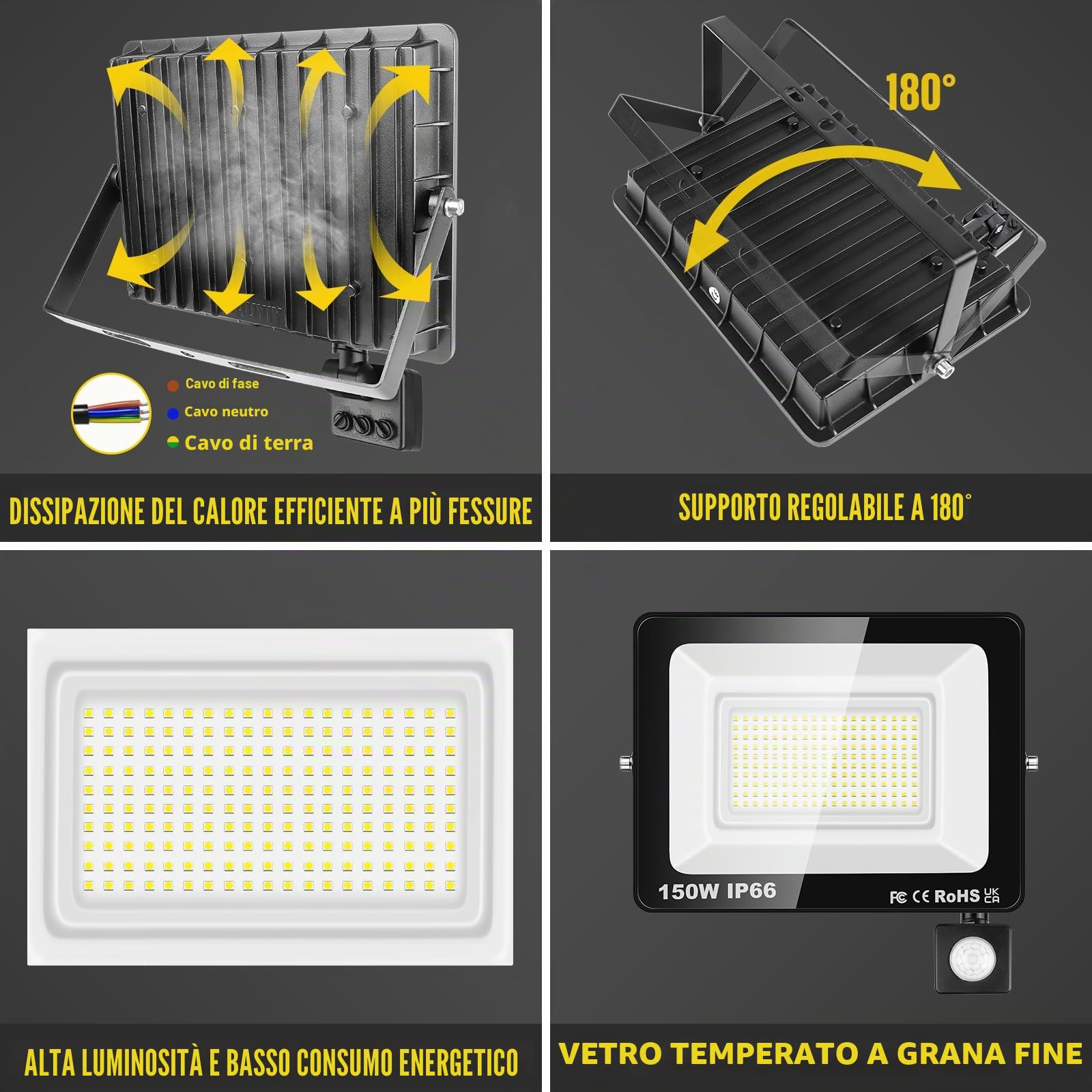 RIGIDON 2x 150W 15000lm faretto con pir sensore di movimento proiettori led | senza spina, 6000K bianco freddo, fari di Sicurezza, luci esterno per giardino garage patio terrazza cortile, impermeabile