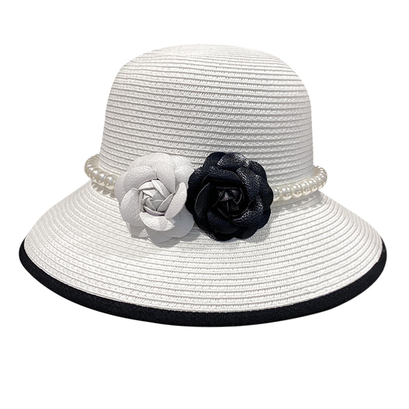 Damen Sommerhut Stroh Fedora Strand Sonnenhut, Blumendekoration Packbares Breitenkrampf Panama Hut White-56-58cm