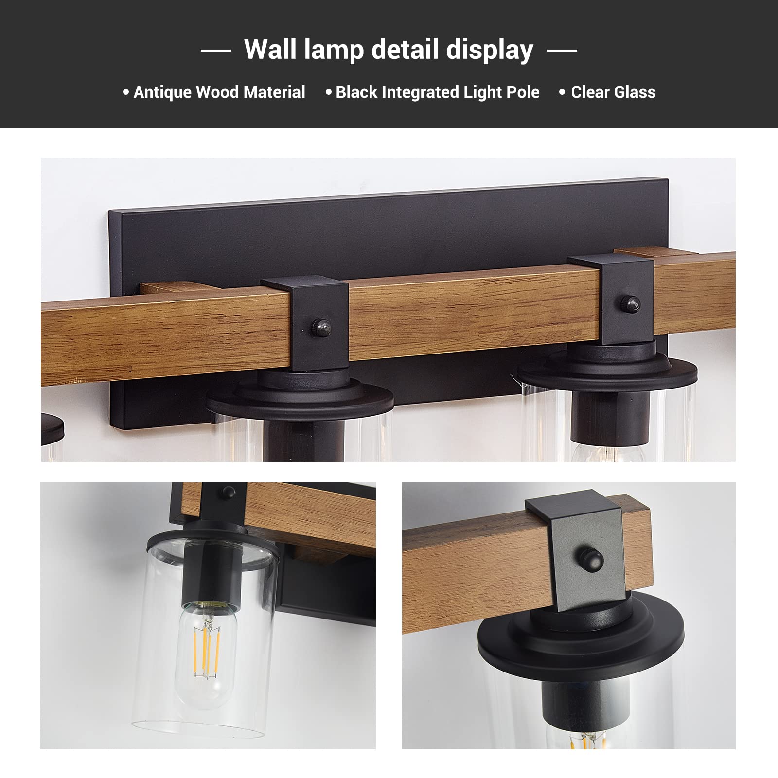 3-Light Farmhouse Vanity Light Fixture - Black Rustic With Faux Wood Grain & Clear Glass Shades, E26 Dimmable