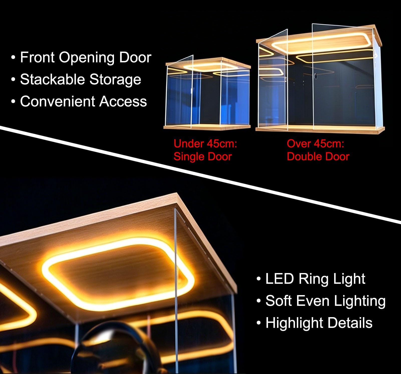 Acryl Vitrine LED-beleuchtete Acrylvitrine mit Fronttür, Stapelbare, Hohe Vitrine Trophäen/Figuren/Modelle, Staubdichte Aufbewahrungsbox, Montage Ohne Klebstoff(30x30xH55cm/12x12x22in)