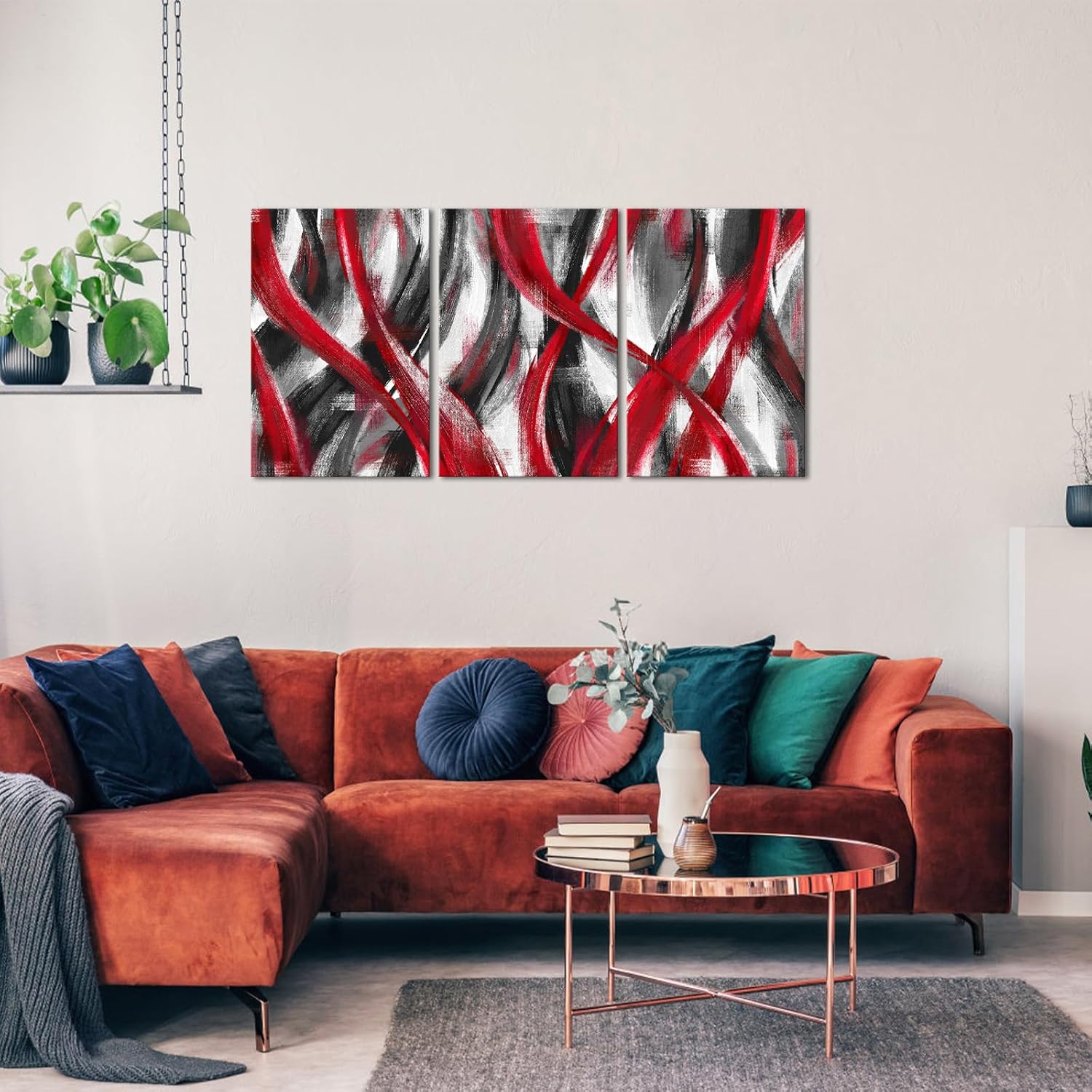 Visual Art Decor Red Abstract Geometric Wall Art Red Lines Painting, Framed Canvas Wall Art 16x24 inch x 3 Pieces