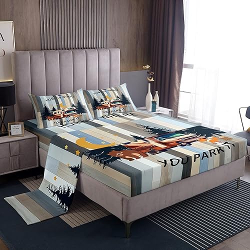 Vista 27 de Erosebridal Juego de sábanas de Happy Camping King, accesorios para cámper para niños, adolescentes y adultos, sábana bajera ajustable de dibujo