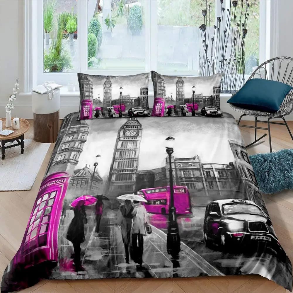 QBIDCSX King Size Duvet Cover Sets London Bedding Set with Zipper Closure Breathable Hypoallergenic Microfiber Quilt Cover 94.5"x 86.6"(240x220 cm) + 2 Pillowcases 19.7"x 29.5"(50x75 cm)