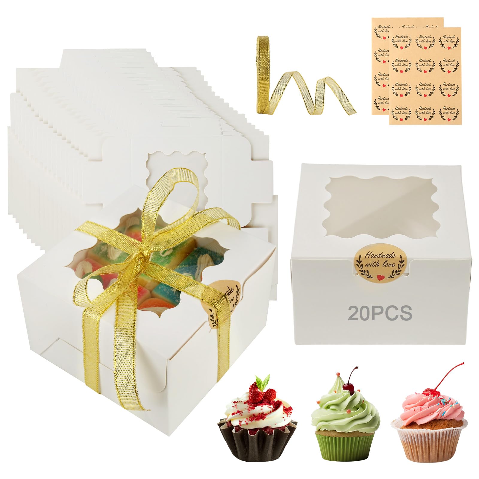 Hocucheland White/Golden 20 Pcs Individual Cupcake Boxes With Window, 10.2X10.1x6.5cm Cookie Box With 24 Stickers And Ribbons, Square Brownie Box, Mini Cake Boxes For Packaging, Cakes, Strawberries, Donuts