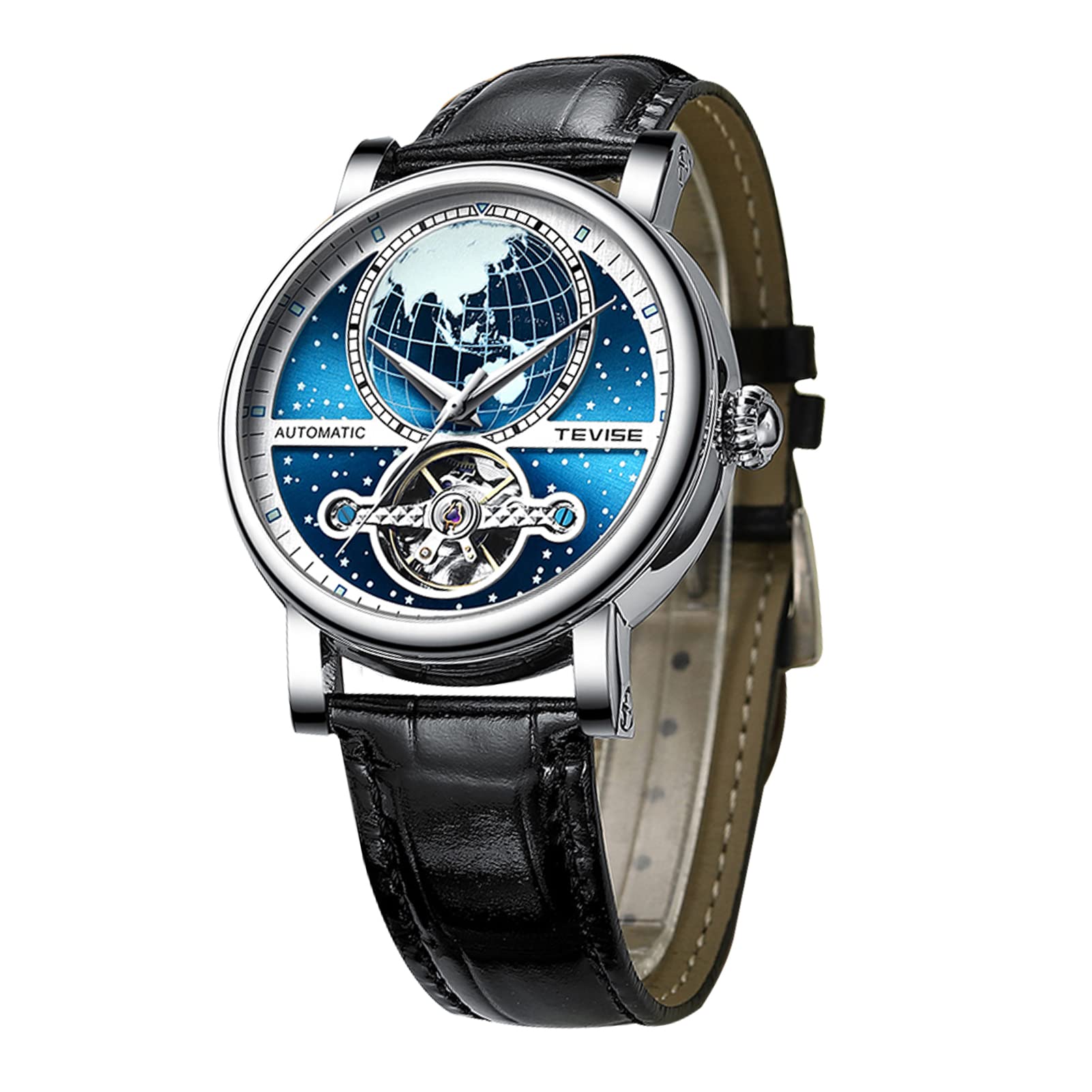 FORSINING Orologio da uomo Tourbillon a carica automatica, luminoso, orologio da uomo, impermeabile, in pelle, doppio fuso orario, alla moda e business, Blu, Cinturino