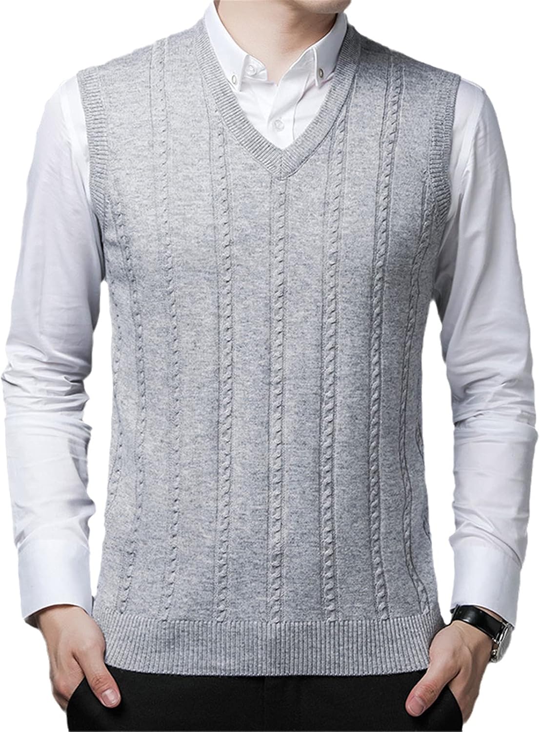 Yiqinyuan Mens Sleeveless Wool Sweater Male Casual Twisted Sweater Vest V-Neck Knit Vest