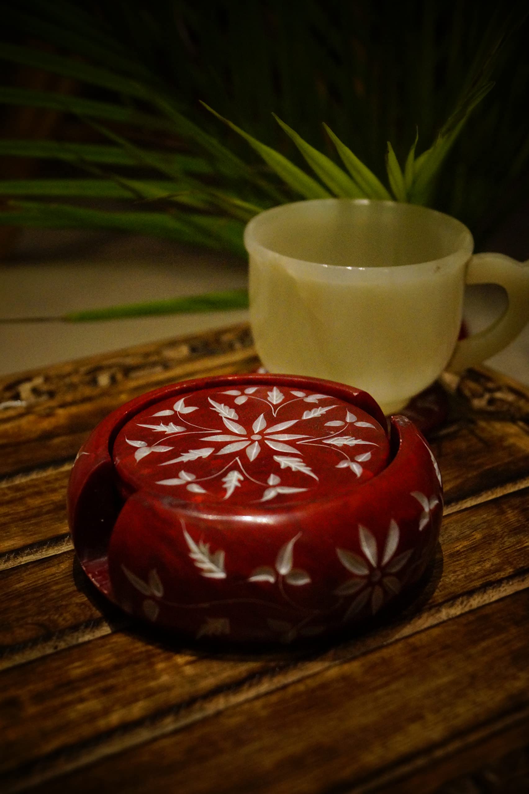 FEDEFEDE Natural Stone Royal Designer Red with White Flower Pack of 6 Coaster Set