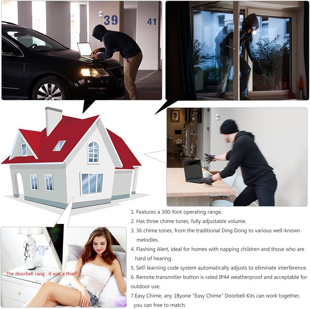 Diagram illustrating the 300-foot operating range of the system, showing a house with sensors and receivers, and listing key features like 36 chime tones and flashing alert.