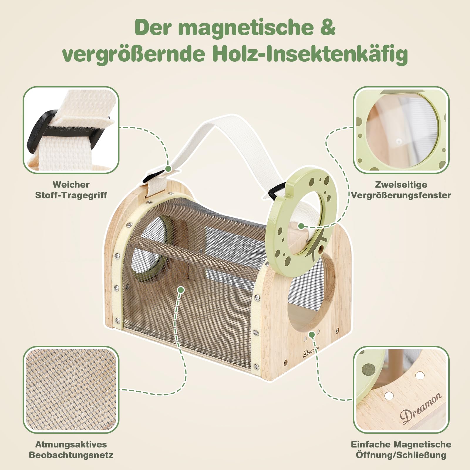 Dreamon Kinder Abenteuer Entdecker Bug Set, mit Schmetterlingsfangnetz, Insektenbeobachtungskäfig aus Holz, Becherlupen, Insektenfänger, Spielzeug für Draußen ab 3-7 Jahre, Geschenk 3-7 Jahre Junge