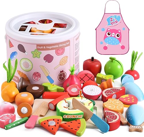 Miniatura 9 de WHOHOLL Juego de comida de madera para niños de cocina, accesorios de cocina para simular, cortar alimentos, juguetes Montessori para niños de más