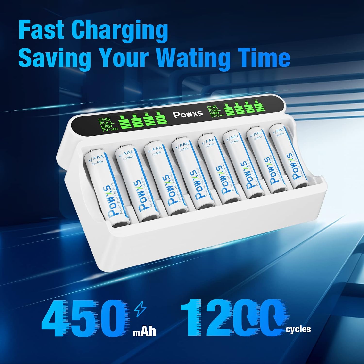POWXS AAA Rechargeable Batteries with Charger kit, 1.2V 8 Bay Independent and Fast Charger for Ni-MH Ni-CD Double A Batteries and Triple A Batteries