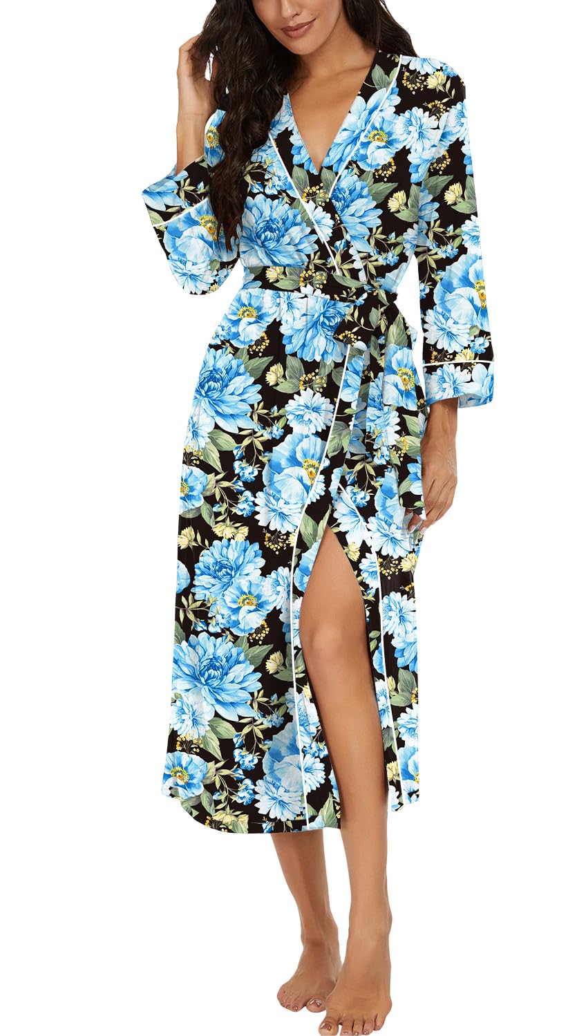 PrinStory Robe de chambre pour femme - Kimono décontracté - Long peignoir doux à manches 3/4