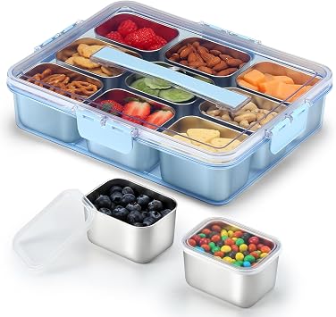 Snackle Box Container, Stainless Steel Snack Containers for Adults, 9 Compartments Divided Serving Tray with Lids and Handle, Portable Snack Platter for Parties, Blue