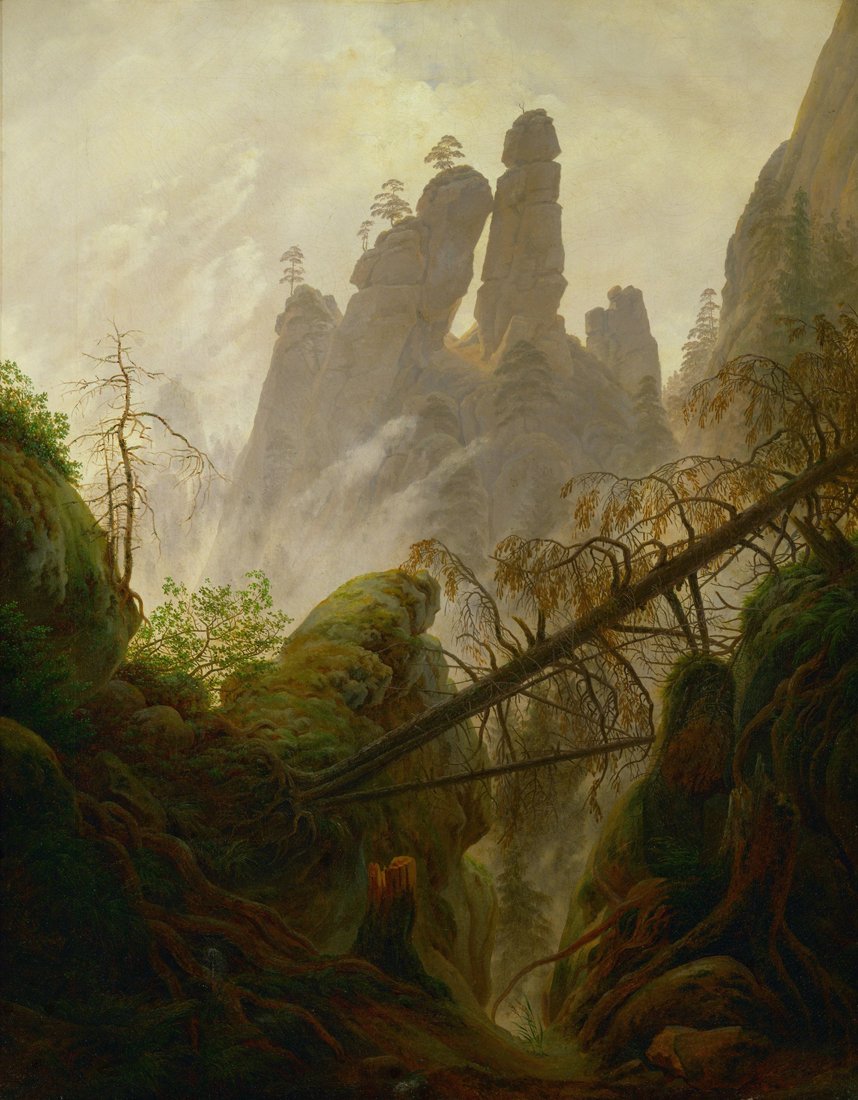 ColorfulStreamRocky Ravine by Caspar David Friedrich. 100% Hand Painted. Oil On Canvas Reproduction (Unframed and Unstretched). Painting Size 52x66 In.