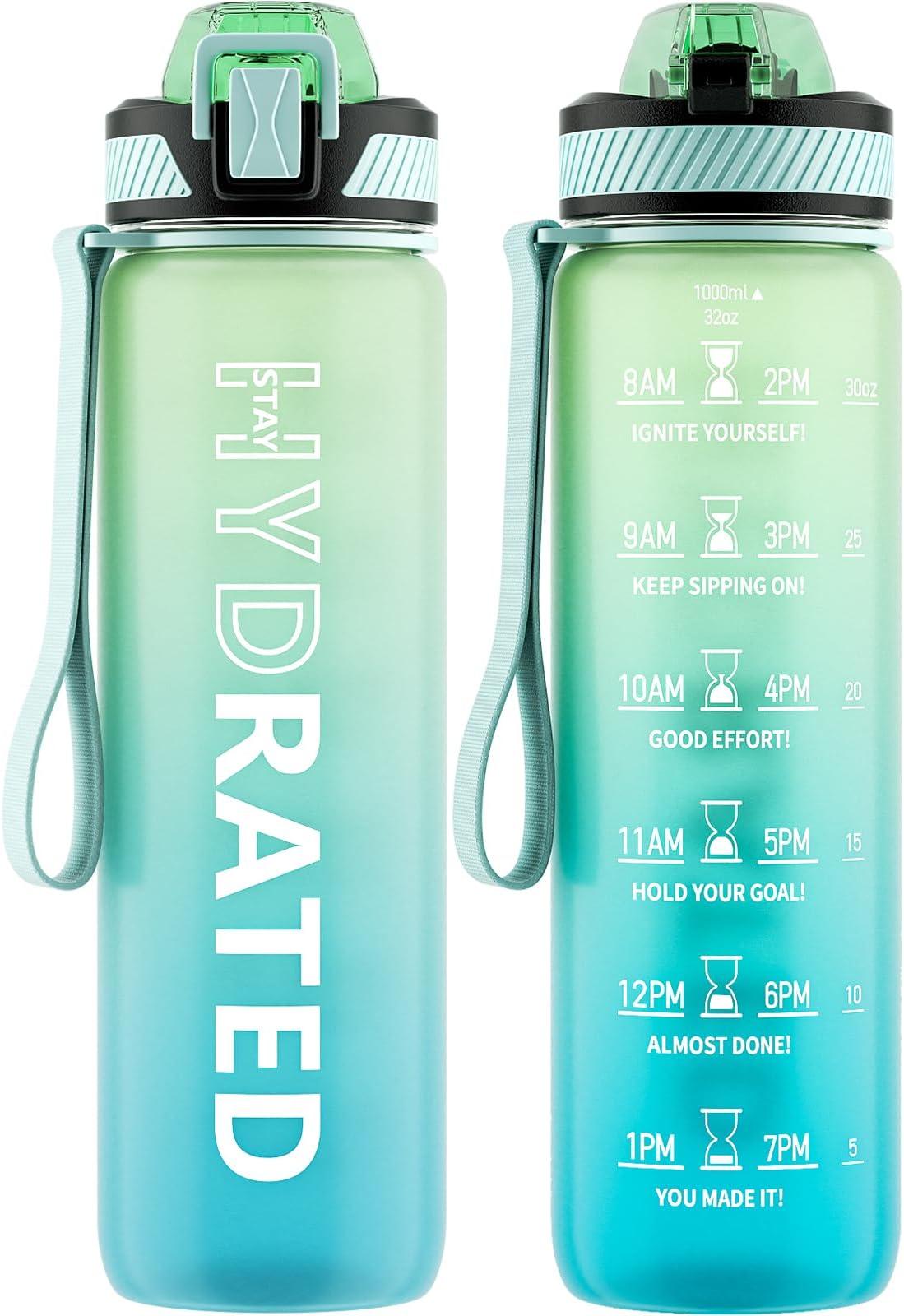 QLUR Water Bottle with Straw, 1L Drinks Bottle with Time Markings-Tritan BPA Free-Sports Water Bottle Leakproof with Lock Cover, Motivational Water Bottles for Gym, Hiking, Fitness, Yoga (1 Bottle)