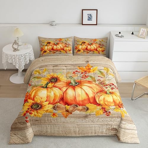 Juego de edredón de cosecha de otoño con diseño de hojas de granja y calabaza, juego de ropa de cama rústica con puerta de granero, diseño de arce