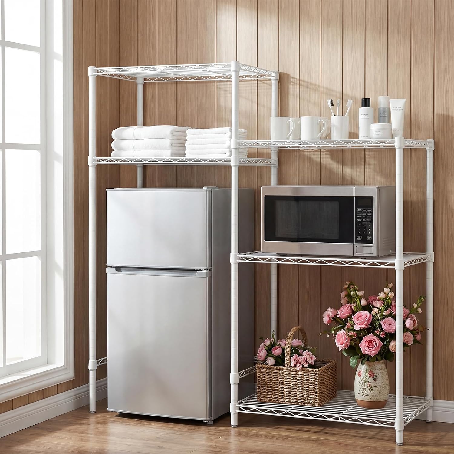 Threehoney Mini Fridge Shelf Stand with Metal Storage 3 Shelf Add on Standard for Dorm Microwave Stand Over Mini Fridge Storage Adjustable Height Organizer for College Rooms Kitchen (White)
