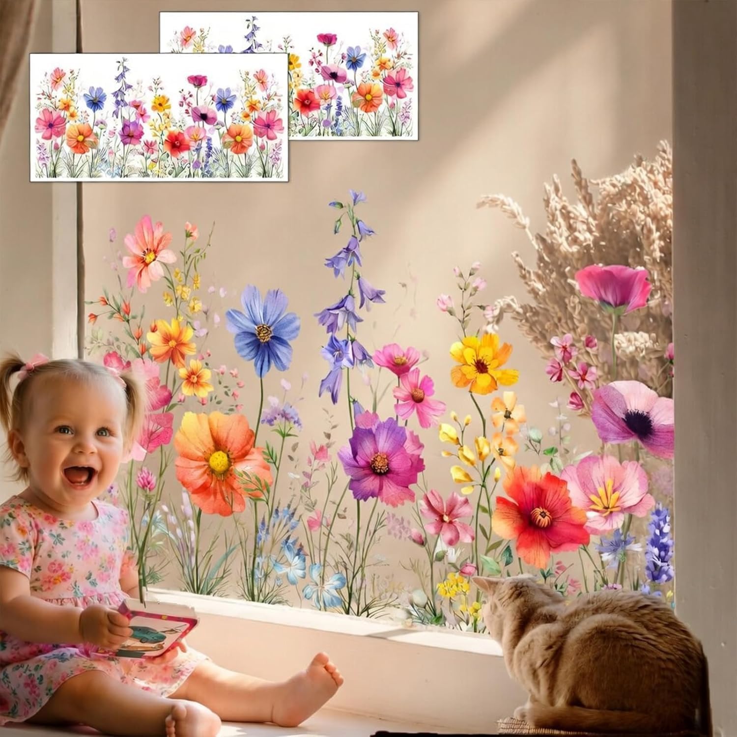 6 Pcs Flowers Wall Decals Stickers Vinyl Removable Peel and Stick Colorful Dragonflies Floral Wall Murals Decor for Bedroom Living Room Nursery(Beautiful)