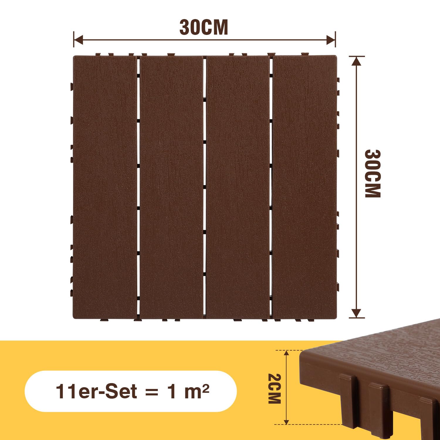 Lot de 33 dalles de terrasse en polypropylène - 30 x 30 cm - 3 m² - Rouge-marron - Pour terrasse et balcon - Résistant aux intempéries - Antidérapant - Avec système de drainage à clic